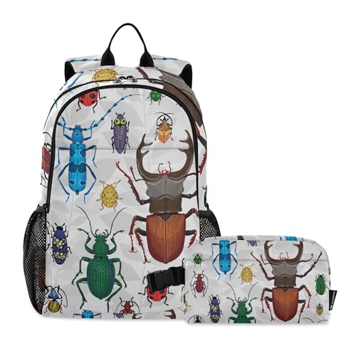 Bugs Small Beetles Insect Backpack with Lunch Bag, School Backpack for Teens Boys Girls Kids Backpacks Set - color: Grey and White