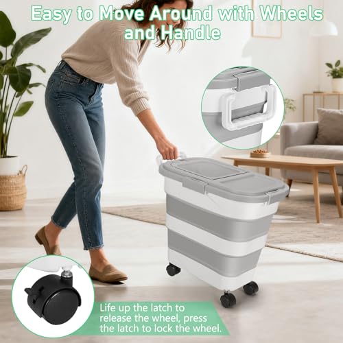 30LB Dog Food Storage Container with Wheels, Lid, Handle, Cup and Scoop | Collapsible Pet food Storage Containers, Airtight Food Storage Bin for Cat Dog Kibbles, Bird Seed, Rice, Flour, Cereal -Grey - color: 30 Lbs Grey