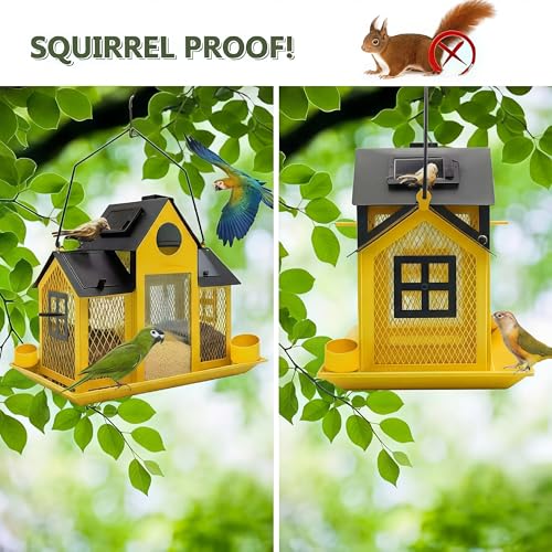 Solar Bird Feeders House for Outside Hanging, Metal Wild Bird Feeder for Outdoors Large Capacity Cardinal Birdfeeder Birdhouses Metal Bird Feeding Station Yellow - color: yellow