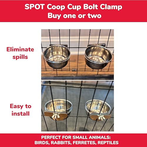 SPOT Coop Cup Bolt Clamp - Stainless Steel Hanging Bowl for Crates, Removable, Chew-Proof Pet Feeding Dish, Ideal for Birds, Parrots, Rabbits, Ferrets, Reptiles, 1.25 Cups (10 Oz) - color: Clamp-On, size: 10 Oz