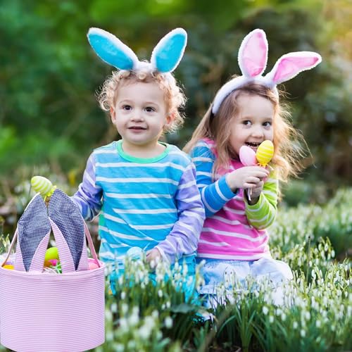 Easter Basket Seersucker Egg Hunt Bunny Baskets for Kids with Cute Rabbit Ears Stripe Storage Gifts Candies Personalized Easter Party Gifts… - color: seersuck2022pink