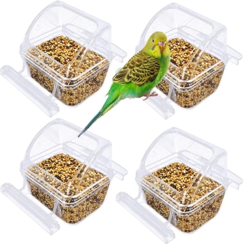 4 Pack Bird Feeders for Cage, No Mess Clear Hanging Parrot Food Bowl, Plastic Slot Food & Water Dispenser Bowl Set, Bird Cage Accessories for Hamsters,Pigeons,Parrot - size: 4