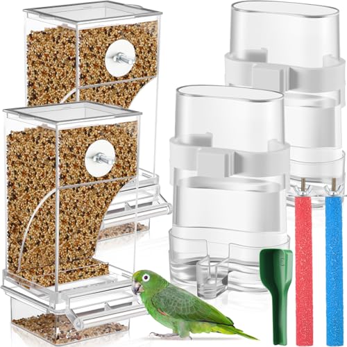 Novabright 7 Pcs No Mess Bird Feeder Water Dispenser Set Include Automatic Parakeet Feeder and Drinker with Bird Paw Grinding Stick Cage Accessories for Small Medium Cockatiel Lovebird(Classic,Clear) - color: Clear, style: Classic