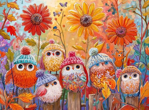 Cross & Glory | Jigsaw Puzzles for Adults | A Cozy Little Parliament | Cute Autumn Birds in Knitted Hats | Whimsical Fall Forest Puzzle | 2mm Thick Pieces | Satin Finish | Ages 14+ - color: Cozy Little Parliament