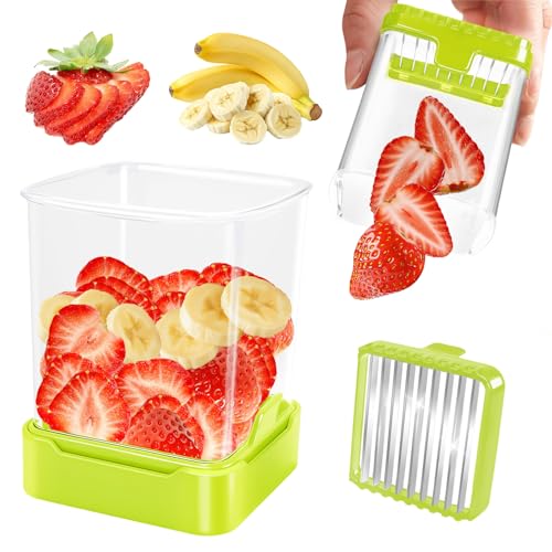 Strawberry Slicer Cup, Fruit Cutter, Quick-Slice, Meal Prep, Green | Dual-Function Base, Easy-Clean & Storable – 304 Stainless Steel Blade – Quick & Safe Slicing Kitchen Gadget - color: Food green