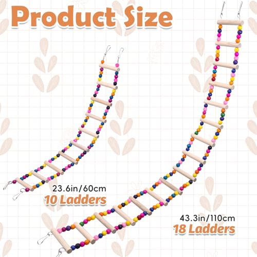 PINVNBY 2 PCS Extra Large Bird Ladder Toys, Wooden Parakeet Swing Toys with Colored Beads, Bird Cage Accessories for Parrot Macaws African Greys Conure Cockatiel (25.6''-10 Steps and 39.3''-18 Steps) - color: Colorful