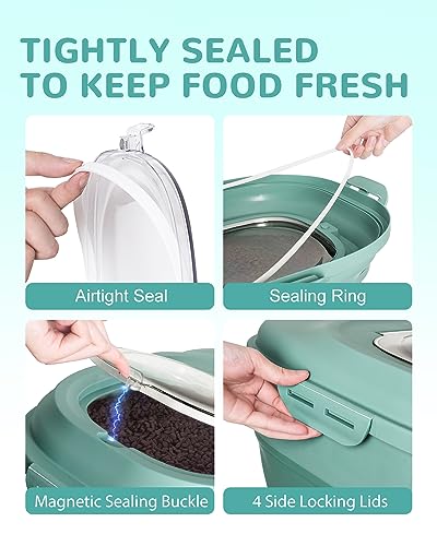 30-35Lbs Dog Food Storage Container Airtight,Collapsible Dog Food Container | Large Pet Food Storage Container with Double Airtight Seal & Magnetic Lid,Cat Food Container with Wheels,2Pcs Container,Scoop - color: Green