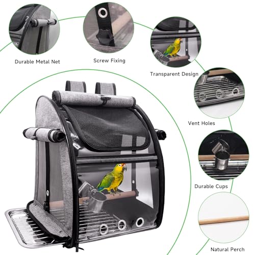 Bird Carrier Bag with Perch, Bird Travel Carrier Backpack with Stainless Steel Plate and Mesh, Portable Transparent Parakeet Travel Cage with Feeder Cups for Small Birds Parakeet Parrot