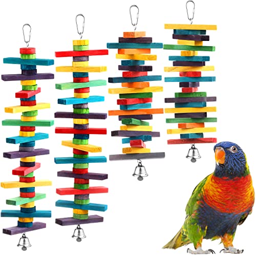 4 Pcs Bird Parrot Toys with Multicolored Natural Wood Blocks, Bird Chew Toys for Large Medium Parrots Macaws Lovebirds Doves Cockatiels Conures Parakeets Chewing Biting Foraging, 2 Designs