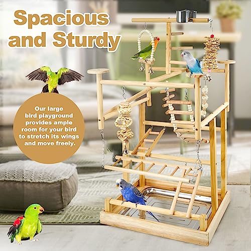 LIMIO Bird Playground - Natural Wood Parrot Playstand with Perches, Bird Play Gym & Accessories, Removable Tray & 4 Stainless Steel Cups