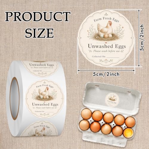 Louise Maelys 2 Inch Farm Fresh Eggs Stickers, 500Pcs Eggs Labels | Writable,Egg Carton Labels Roll, Unwashed Eggs Stickers, Collected On Date Line, Small Farm Egg Packaging,Farm Stand Supplies - color: Egg