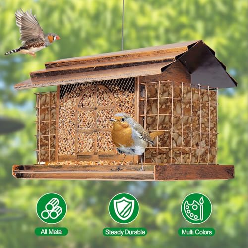Bird Feeder for Outdoors, Metal Bird Feeder Hanging, 3.8LB Large Capacity with Double Suet Cages, Rainproof Roof, Attracts Cardinals, Finches, Blue Jays, for Backyard & Garden