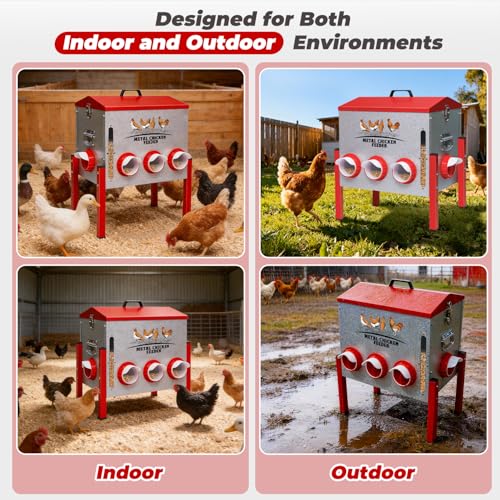 Automatic Chicken Feeder 50LBS Large Capacity, 8 Anti-Waste Ports Metal Poultry Feeder with Height Adjustable Stand, Waterproof Rodent Proof Feed Box with Lid Viewing Window for Hens Ducks Geese - size: 50LBS