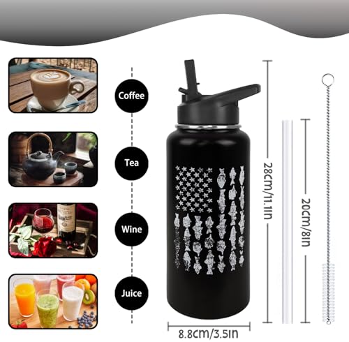 Fishing Water Bottle with Straws Fish Insulated Water Bottle Gifts for Men Dad Papa Husband Fisherman Fathers Day,Anniversary,Christmas,Birthday Travel Thermal Double Walled Vacuum Cup-32 oz - color: black fishing