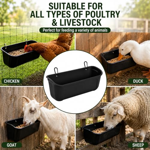 Chicken Feeder and Waterer 2 Pack, Hanging Fence Feed Trough with Clips, Chicken Coop Accessories Turkey Duck Poultry Feeder Livestock Feeding Container Trough, Black