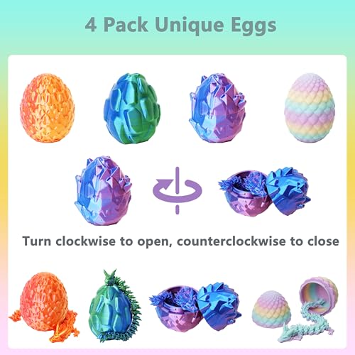 UXBSTM Officially Licensed 4 Pack 3D Printed Dragon Set with Unique Eggs, Mini Mystery Crystal Dragon Easter Egg Fillers Toys, Surprise Gift 3D Printed Animals Fidget Toys, Christmas Toy 2025 - color: 4pcs Set-a