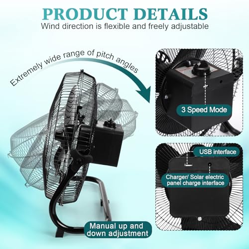 Tujoe 15000Mah 12 Inch Solar Panel Powered Fan, 2 in 1 Solar Panel or AC Charger Powered Fan 12W 9V Portable for Chicken Coop Greenhouse Household Exhaust Camping Travel Outdoor(Black)