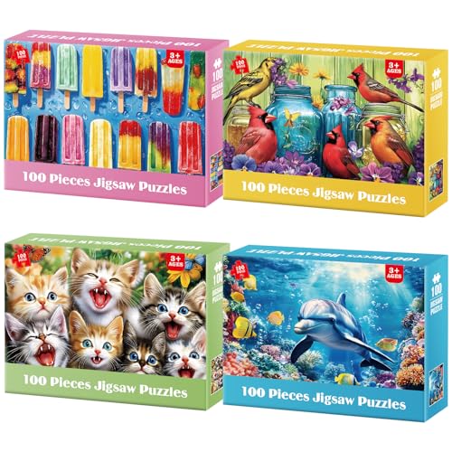 4-Pack 100 Piece Puzzles for Kids Ages 4-6 6-8 Popsicles Birds Dolphin Cat Large Puzzles for Kids 8-10 Years Old 100 Piece Jigsaw Puzzles for Seniors Adults Toddler Children Learning Educational Toys - style: Birds Dolphin Cat