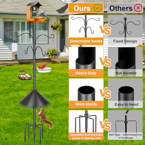 Bird Feeder Pole, 92 Inch Squirrel-Proof Bird Feeder Stand with 4 Shepherd Hooks, Water Bowl and Mesh Tray, Adjustable Birdhouse Pole, Perfect for Outdoor Garden & Yard - color: Hook-style