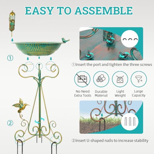dreamysoul Bird Bath 13" Dia Bowl, Metal Birdbath with Mesh Feeder, Pedestal Bird Baths for Outside Outdoors Garden Patio Yard