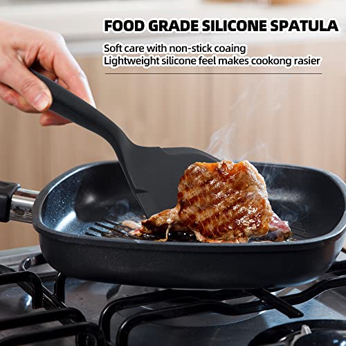 2 Pack Silicone Pancakes Spatula,Wide Pancakes Spatula Turner for Eggs Fish Pizza and Steak Shovel Omelette Spatulas for Nonstick Cookware,Heat Resistant Kitchen Flipper Spatulas for Cooking (Black) - color: Black