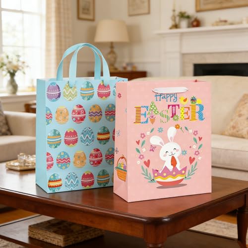 STPIYFZU 2 Pack 13" Large Easter Gift Bags with Handles, Rabbit Egg Design Reusable Paper Easter Bag for Egg Hunts Kids Party Supplies, Gift Wrapping - color: 2 PCS Easter Bags