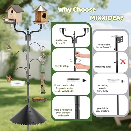 Upgraded Bird House Pole Squirrel Proof,Heavy Duty Bird Feeder Pole with Squirrel Baffle,4 Hooks,Wind-Resistant Water Bowl,Mesh Tray,Y-Shape Platform for Yard Garden Backyard(Not Include Birdhouse) - size: With Baffle