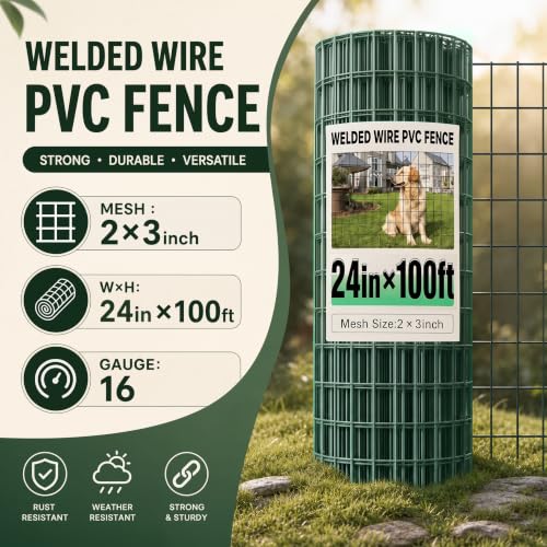 Black PVC Coated Welded Wire Fence 24 Inch x 100 Foot, 2 Inch x 3 Inch 16GA Green - color: Green, size: 24"×100'