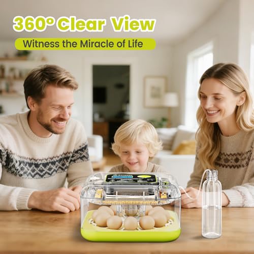 Egg Incubators for Hatching Eggs, 12 Egg Incubator with Automatic Egg Turning and Humidity Control, Incubator for Chicken/Quail/Duck Eggs with Temperature Control/LED Egg Candler, 360 Degree View