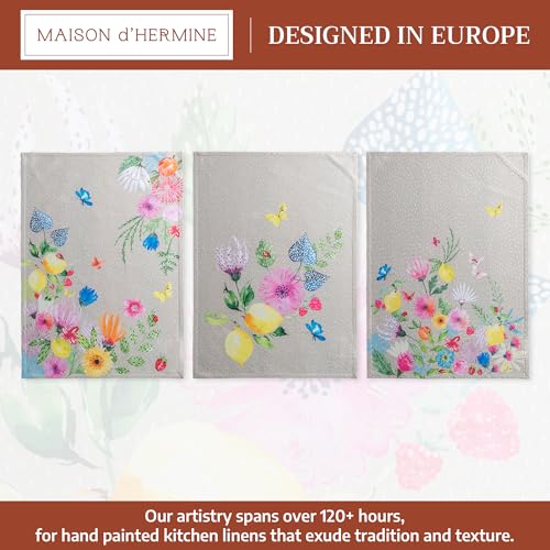 Maison d' Hermine Kitchen Towels Set of 3 Reusable 100% Cotton 27.50" x 20" | Cloth Tea Dish Towels Absorbent with Hanging Loop for Kitchen Dining Wedding Hotel Home Spring Summer - Jardin D'Ete - Fog - color: 047 - Jardin D'ete - Fog