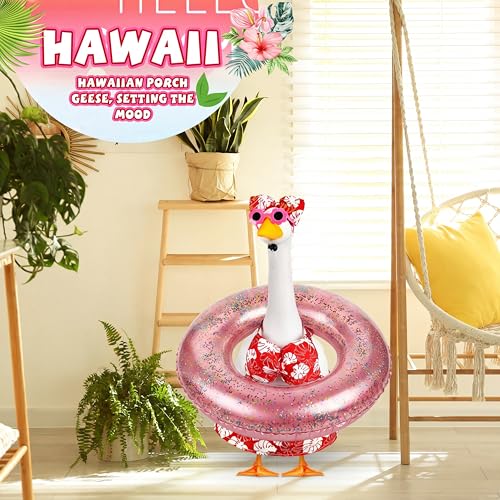 Bikini Summer Porch Goose Outfits for 23" Goose | with Goose Sunglasses Bow Headpiece and Swimming Tube, Hawaiian Red Monstera Porch Goose Outfits, Garden Patio Statue Decor - style: Hot Pink Monstera