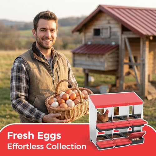 Garvee 6-Hole Chicken Nesting Box with Removable Lid, Metal Chicken Coop with Roll Away Design/Easy Egg Collection/Ventilation Holes, for Chicken Coops, Duck Coops and Hens (RED) - color: RED, size: 6-Hole