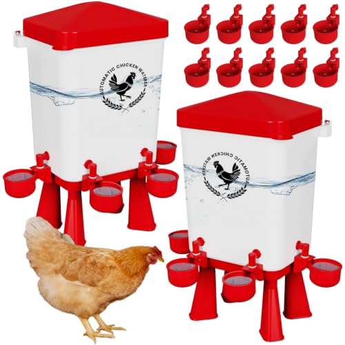 2 Pack 3 Gallon Chicken Waterer with 10 Chicken Water Cups, No Spill Poultry Waterer with Stand Legs, Hooks and Screws, Chicken Water Feeder for Coop, Ducks, Hens, Farm, Backyard Chickens (Red) - color: Red, size: 2pcs