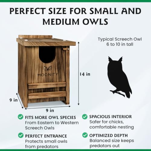 MOONITY Fire-Treated Cedar Owl House – 14" x 9" x 9" All-Season Nesting Box for Screech, Kestrel & More – Durable, Weatherproof & Easy to Install - color: Brown