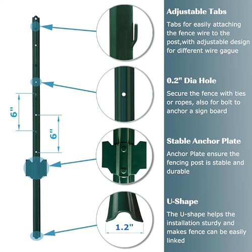 3 Feet Green, Pack of 5 Metal Fence Post, for 24 Inch High Garden Welded Wire Fence U-Channel Steel Garden Post Fence Stake - size: 3',5PCS