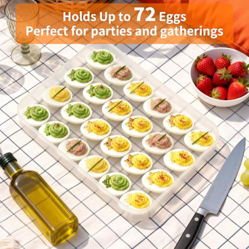 Deviled Egg Containers with Lid, Set of 3 Stackable Egg Carriers, Holds 72 Eggs for Refrigerator, Clear Trays for Parties & Holidays - color: pink,blue,green, size: 72 Eggs