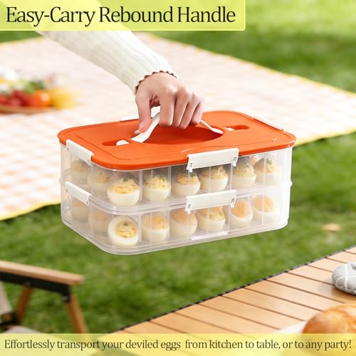 VitalYang Deviled Egg Container with Lid, Double Layer Egg Container, 36 Count Deviled Egg Tray- Secure Lock & Handle, Stackable, Leak-Proof Design for Parties & Catering, Orange - color: Orange
