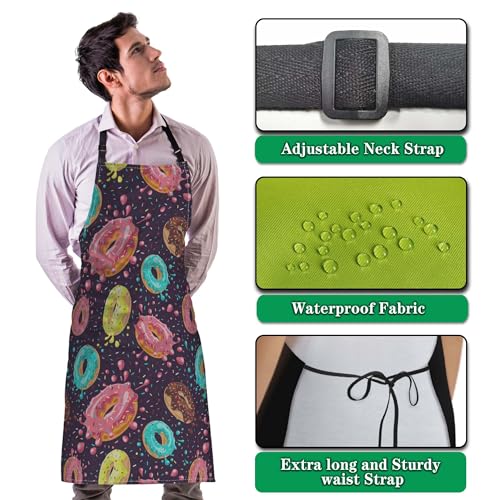 Chef Apron for Men Donuts Women Aprons for Kitchen Cooking Restaurant BBQ Painting Crafting 27” (W) x 31” (H), Waterproof Aprons - color: Donuts