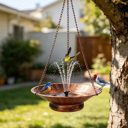 12.6" Hanging Solar Bird Bath Metal for Outside Bronze | Hanging Bird Bath with Solar Fountain, Hanging Birdbath Bubbler for Outdoors Backyard Patio Garden Decor - color: Bronze