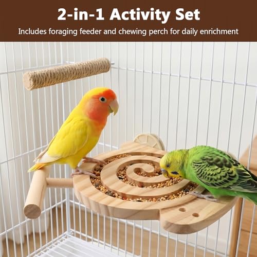 Bird Foraging Toys with Perch, Visible Slow Feeder Wooden Puzzle, Winding Grooves Help Reduce Mess, No Glue & No Exposed Screws, Include Extra Chew Perch for Novice/Older Birds