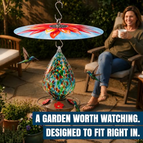 MEKKAPRO Bird Feeder Baffle & Rain Guard, 32cm Weatherproof, Red Floral | Floral Pattern Shields Feed from Rain, Fits Hummingbird, Tube, Thistle & Hopper Feeders, Rust-Proof Steel Hardware, S-Hook - color: Red Flower