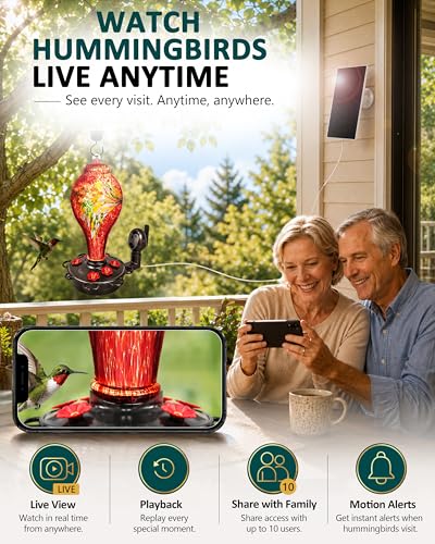 LUJII Smart Hummingbird Feeder with Camera, Hand Blown Glass for Outdoor Hanging, Solar WiFi Feeder with Live View App, 6 Feeding Ports, Leak-Resistant Design, Ant Moat & Gift Box, 36 fl oz, Red - color: Red, size: X-Large