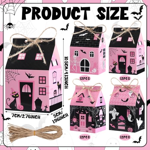 Zhanmai 48 Pcs Pink Halloween Treat Boxes Mini Black Castle House Candy Pink Box Small Halloween Paperboard Gift Container for Holiday Party Treat Cookie Goodie Snack Gift Packaging - style: Pink Halloween