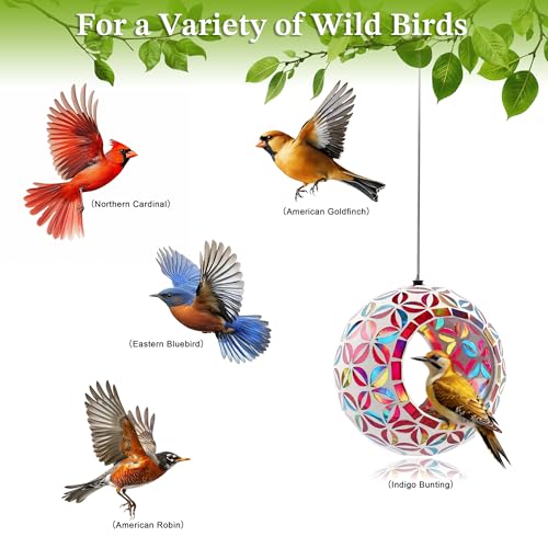 VOREEN Mosaic Glass Bird Feeder, Handcrafted Hanging Fly-Through Feeder for Outdoor Garden & Backyard, Decorative Wild Bird Feeder with Steel Wire Cable –Colorful Floral Mosaic Style - color: Multicolor kiss