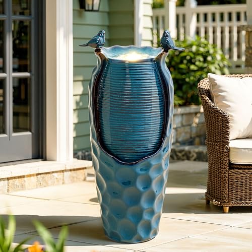 Autodaya 33" Vase Ceramic Outdoor Water Fountain with Lights and Birds | teal blue glazed water feature with textured design, ambient soothing cascading water flow for garden patio yard sanctuary - color: 33"h-birds Jar Turquoise Glaze