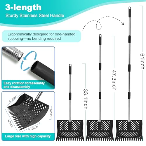 12" 2-in-1 Chicken Poop Scooper & Rake (US Patent No. D1124534), 3-Shape Sifting Holes Chicken Coop Rake, Stainless Steel Handle (20–61") - Litter Scoop Sand & Sifting Shovel (Black) - color: Black