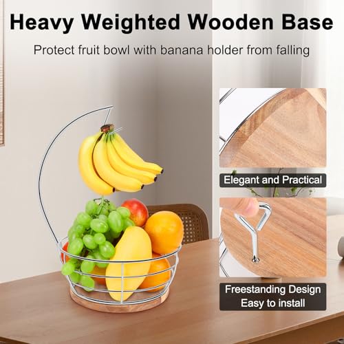 Livabber Countertop Fruit Basket Bowl with Banana Hanger, Modern Standing Fruit Vegetable Bowl Storage, with Banana Tree Holder for Kitchen Dinning Table (Round Wood, Chrome) - color: Chrome, style: Round Wood