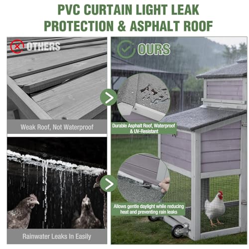 Large Mobile Chicken Coop with Run, 79" Outdoor Wooden Poultry Cage on Wheels, All-Steel Frame Hen House, Waterproof Roof, Nesting Box, for 4-6 Chickens - color: Grey (AIR7008)