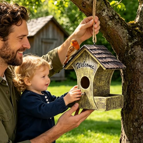 Charming Rustic Bird House with Feeder for Outside Unique Welcome Birdhouses Waterproof Garden Decor Yard Porch Tree Hanging Bird Nest for Bird Lovers Mom Housewarming