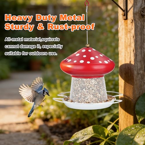 Bird Feeder, Heavy Duty Metal Bird Feeders for Outdoor Hanging | Wild Birdfeeder, 3LB Capacity, 4 Perches, Sturdy, Cute Mushroom Shape, For Outside Garden Yard - color: Red